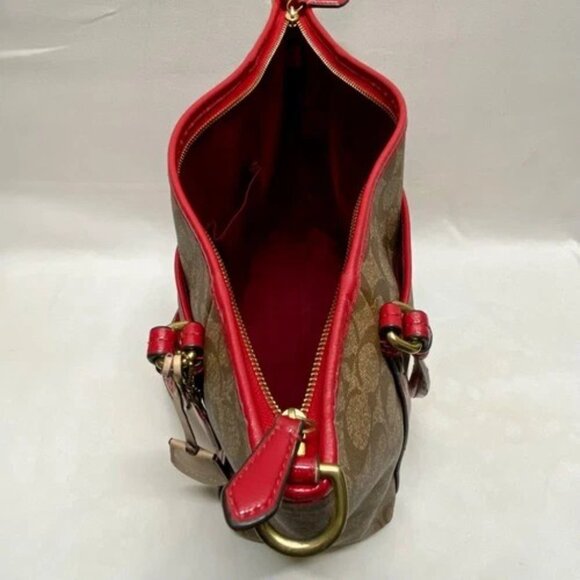 Coach Peyton Signature Large Pocket Tote Khaki Red Trim Rare F25504 Worn Handles - Picture 6 of 15